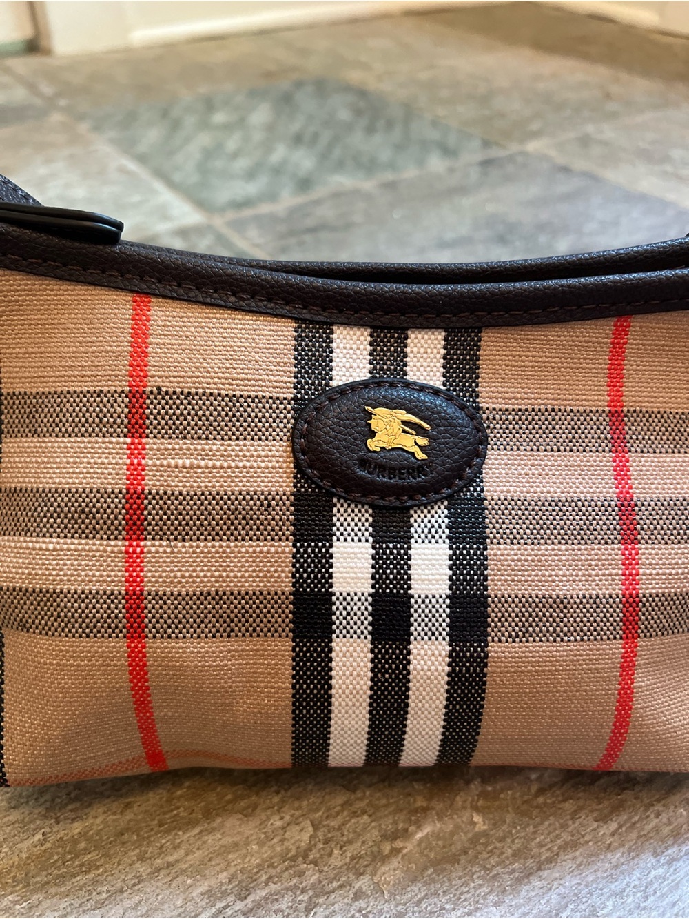 Small Burberry Highlands Bag in Tan, Black & Red Accents - Picture 5 of 14